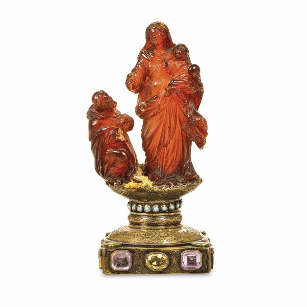 Madonna con Bambino e monaco orante. Arte barocca (Italia?) del XVII secolo  - Asta Scultura e Oggetti d'Arte - Associazione Nazionale - Case d'Asta italiane