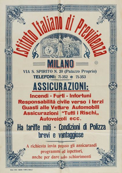 Anonimo : Istituto italiano di Previdenza - Assicurazioni - Milano  - Asta Pop Culture e Manifesti - Associazione Nazionale - Case d'Asta italiane