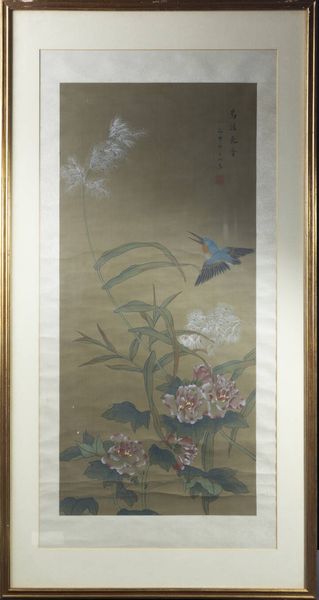 DIPINTO : Dipinto su pergamena raffigurante uccello su ramo in fiore con iscrizioni  Cina  Repubblica XX sec H cm 96x45  - Asta Arte orientale - Associazione Nazionale - Case d'Asta italiane