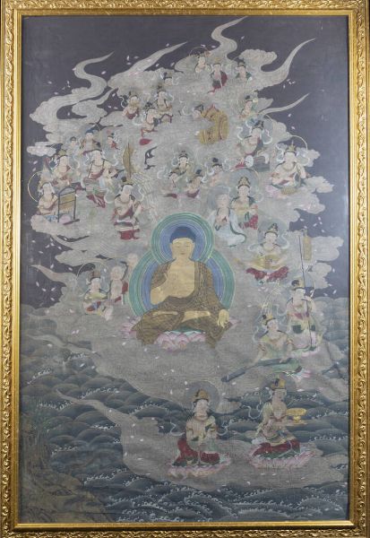 THANGKA : Thangka in pergamena raffigurante Buddha e personaggi  Cina  dinastia Qing  XIX sec H cm 110x70  - Asta Arte orientale - Associazione Nazionale - Case d'Asta italiane