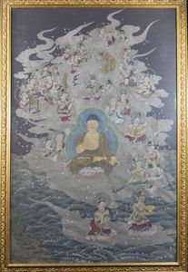 THANGKA - Thangka in pergamena raffigurante Buddha e personaggi  Cina  dinastia Qing  XIX sec H cm 110x70