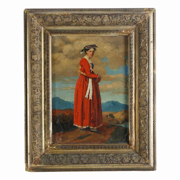 Ritratto di popolana in rosso con vestito regionale  - Asta Smart Auction: arredo, dipinti, sculture, argenti e altro a prezzi vantaggiosi - Associazione Nazionale - Case d'Asta italiane