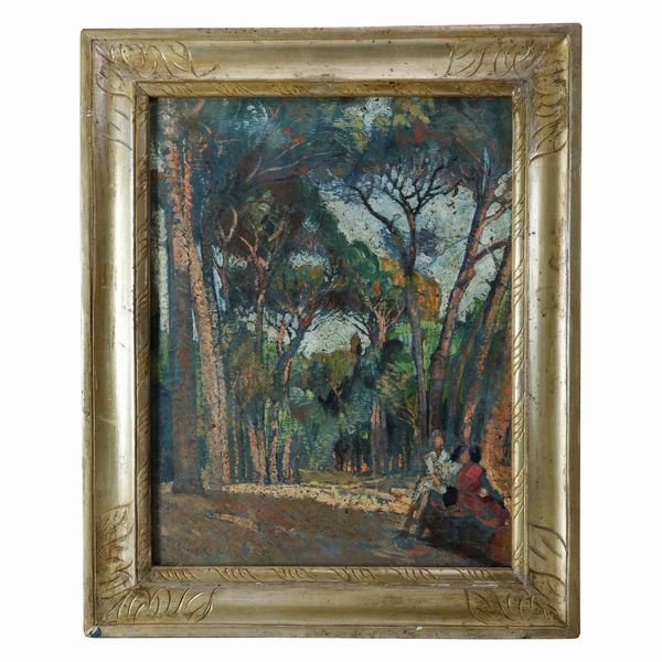 PAUOLO GHIGLIA : Scorcio di paesaggio con pini e persone  - Asta Smart Auction: arredo, dipinti, sculture, argenti e altro a prezzi vantaggiosi - Associazione Nazionale - Case d'Asta italiane