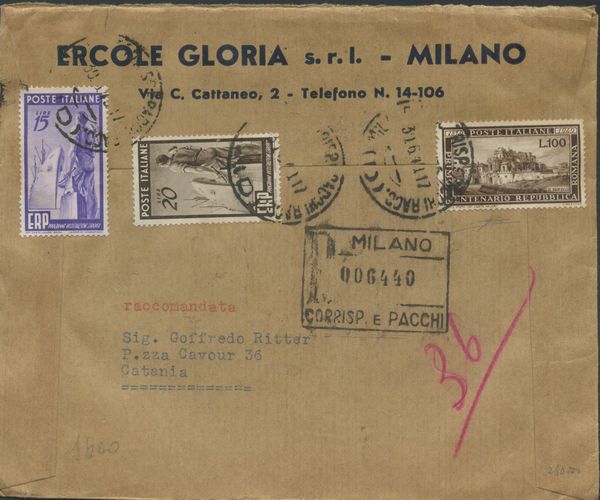 31.06.1949 Raccomandata da Milano per Catania  - Asta Filatelia e Storia Postale - Associazione Nazionale - Case d'Asta italiane