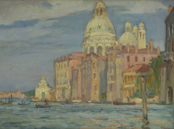 FRANCESCO MENNYEY Torino 1889 - 1950 : Venezia-Canal Grande. Chiesa della Salute  - Asta Dipinti - Associazione Nazionale - Case d'Asta italiane