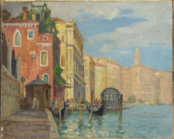 FRANCESCO MENNYEY Torino 1889 - 1950 : Sul Canal Grande - Traghetto San Marcuola - Palazzo Vendramin  - Asta Dipinti - Associazione Nazionale - Case d'Asta italiane