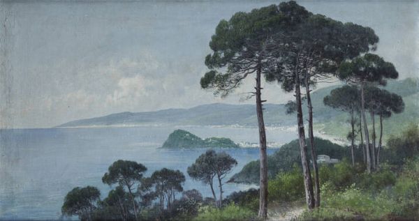 HENRY MARKO' Firenze 1855 - 1921 Lavagna (GE) : Scorcio di mare con pini  - Asta Dipinti - Associazione Nazionale - Case d'Asta italiane