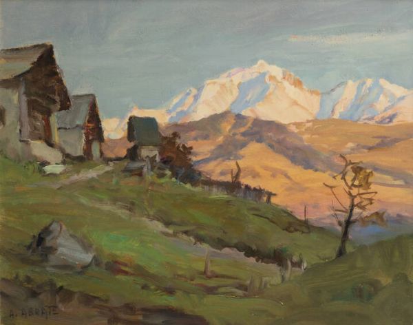 ANGELO ABRATE Torino 1900 - 1985 Sallanches (Alta Savoia) : Il Monte Bianco al sole che tramonta sulle alture di Megve  Sallanches autunno 1967  - Asta Dipinti - Associazione Nazionale - Case d'Asta italiane