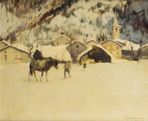 OTTORINO CAMPAGNARI Mestre (VE) 1910 - 1982 Torino : Entreves-Sotto la neve (Courmayeur)  - Asta Dipinti - Associazione Nazionale - Case d'Asta italiane