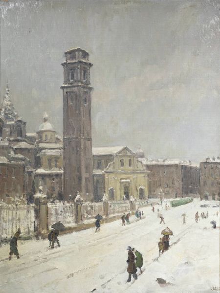 CARLO MUSSO Balangero (TO) 1907 - 1968 : Il Duomo di Torino sotto la neve  - Asta Dipinti - Associazione Nazionale - Case d'Asta italiane
