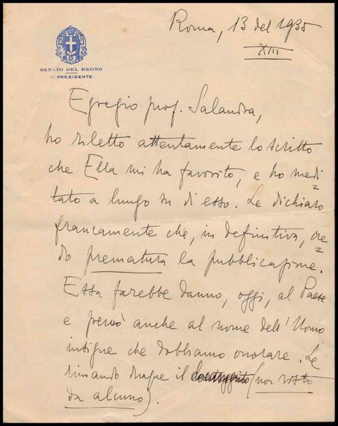 Lettera autografa di Luigi Federzoni, presidente del Senato del Regno e Ministr  - Asta Militaria, Medaglie e Ordini Cavallereschi - Associazione Nazionale - Case d'Asta italiane