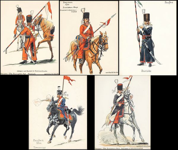 5 Gouache raffiguranti varie tipologie di uniformi delle truppe bosniache  - Asta Militaria, Medaglie e Ordini Cavallereschi - Associazione Nazionale - Case d'Asta italiane