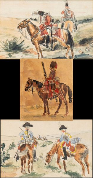 Tre gouaches raffigurantio soldati in uniforme del secolo XVIII (due siglati al centro)  - Asta Militaria, Medaglie e Ordini Cavallereschi - Associazione Nazionale - Case d'Asta italiane