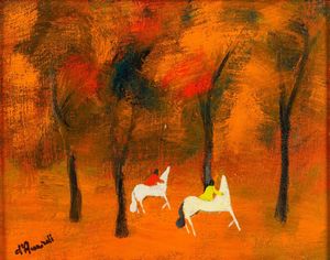 Gian Rodolfo D’Accardi : Due cavalieri nel bosco in autunno  - Asta Arte Moderna e Contemporanea - Associazione Nazionale - Case d'Asta italiane