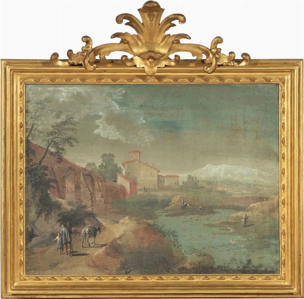 SCUOLA BOLOGNESE DEL XVIII SECOLO : Paesaggio fluviale con architettura e figure e Paesaggio fluviale con figure sulle rive  - Asta Parade II - Arredi e Dipinti Antichi - Associazione Nazionale - Case d'Asta italiane