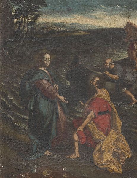 Scuola fiamminga del XVII secolo : Cristo con San Pietro pescatore  - Asta Parade II - Arredi e Dipinti Antichi - Associazione Nazionale - Case d'Asta italiane