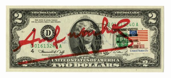 Andy Warhol : 2 dollars signed by Andy Warhol.  - Asta Arte Antica, Moderna e Contemporanea [Parte II] - Associazione Nazionale - Case d'Asta italiane