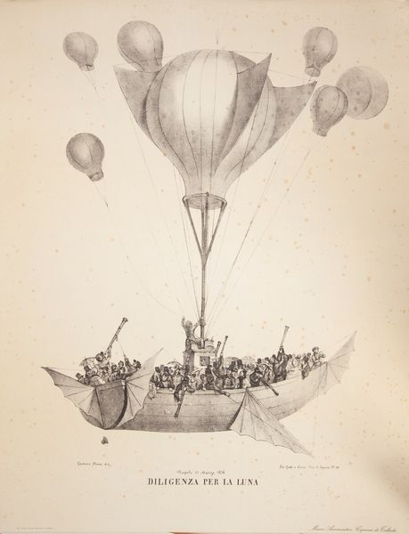 G. Dura / F. Wenzel - La scoperta della Luna. Litografie Napoletane dell'800. 12 Incisioni stampate dalla Alinari-Baglioni di Firenze, riproduzioni di quelle del Museo Aeronautico Caproni di Taliedo stampate a Napoli nel 1836 da Fregola, Wenzel, Gatti e Dura  - Asta Asta A Tempo - Libri d'arte, D'artista e Manifesti - Associazione Nazionale - Case d'Asta italiane