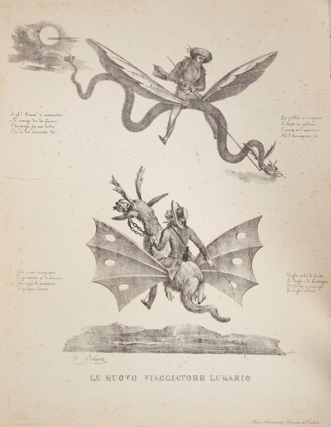 G. Dura / F. Wenzel - La scoperta della Luna. Litografie Napoletane dell'800. 12 Incisioni stampate dalla Alinari-Baglioni di Firenze, riproduzioni di quelle del Museo Aeronautico Caproni di Taliedo stampate a Napoli nel 1836 da Fregola, Wenzel, Gatti e Dura  - Asta Asta A Tempo - Libri d'arte, D'artista e Manifesti - Associazione Nazionale - Case d'Asta italiane