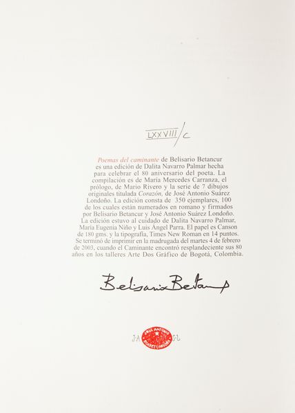 Belisario Betancur - Poemas del caminante (con dedica autografa dell'autore). Illustrato con disegni di Jos Antonio Surez Londoo  - Asta Asta A Tempo - Libri d'arte, D'artista e Manifesti - Associazione Nazionale - Case d'Asta italiane