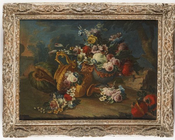 Scuola del XVIII secolo Nature morte con fiori, frutti, ortaggi e porcellane  - Asta Dipinti Antichi - Associazione Nazionale - Case d'Asta italiane