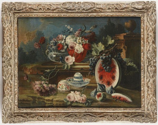 Scuola del XVIII secolo Nature morte con fiori, frutti, ortaggi e porcellane  - Asta Dipinti Antichi - Associazione Nazionale - Case d'Asta italiane