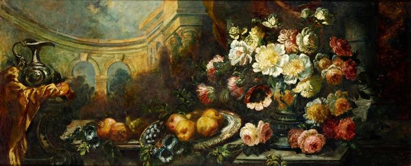 Scuola del XIX secolo Natura morta con fiori e frutti  - Asta Dipinti Antichi - Associazione Nazionale - Case d'Asta italiane