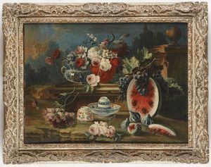 Scuola del XVIII secolo Nature morte con fiori, frutti, ortaggi e porcellane  - Asta Dipinti Antichi - Associazione Nazionale - Case d'Asta italiane