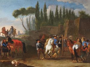 Pieter Van Bloemen detto lo Stendardo : Paesaggio con cavalieri  - Asta Dipinti Antichi - Associazione Nazionale - Case d'Asta italiane