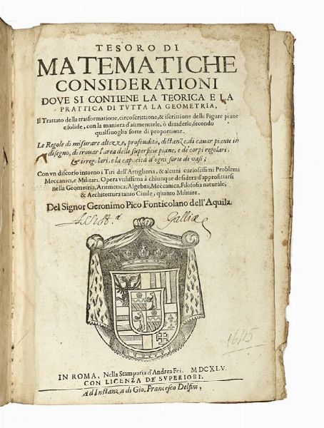 GERONIMO PICO : Tesoro di matematiche considerationi...  - Asta Libri, autografi e manoscritti - Associazione Nazionale - Case d'Asta italiane