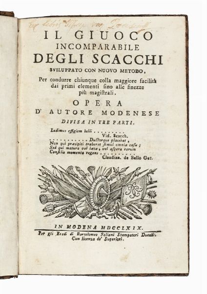 DOMENICO LORENZO PONZIANI : Il giuoco incomparabile degli scacchi sviluppato con nuovo metodo...  - Asta Libri, autografi e manoscritti - Associazione Nazionale - Case d'Asta italiane