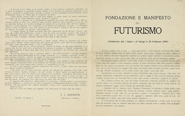 Filippo Tommaso Marinetti : Fondazione e manifesto del Futurismo. (Pubblicato dal 'Figaro' di Parigi il 20 Febbraio 1909).  - Asta Libri, autografi e manoscritti - Associazione Nazionale - Case d'Asta italiane