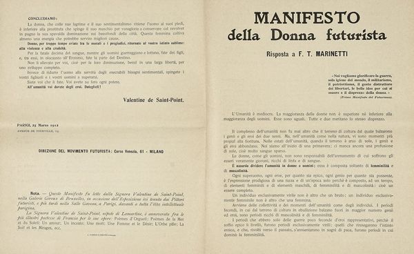 VALENTINE (DE) SAINT-POINT : Manifesto della Donna futurista. Risposta a F.T. Marinetti.  - Asta Libri, autografi e manoscritti - Associazione Nazionale - Case d'Asta italiane