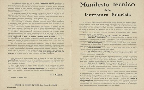 Filippo Tommaso Marinetti : Manifesto tecnico della letteratura futurista.  - Asta Libri, autografi e manoscritti - Associazione Nazionale - Case d'Asta italiane