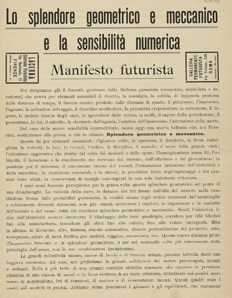 Filippo Tommaso Marinetti : Lo splendore geometrico e meccanico e la sensibilit numerica. Manifesto futurista.  - Asta Libri, autografi e manoscritti - Associazione Nazionale - Case d'Asta italiane