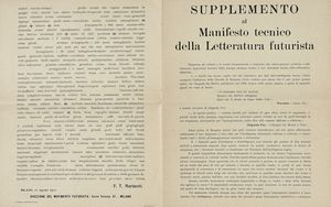 Filippo Tommaso Marinetti : Manifesto tecnico della letteratura futurista.  - Asta Libri, autografi e manoscritti - Associazione Nazionale - Case d'Asta italiane