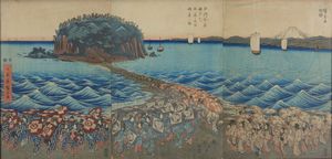 HIROSHIGE UTAGAWA (1979 - 1858) - Trittico della celebrazione di apertura del santuario di Benzaiten in Enoshima in Soshu.