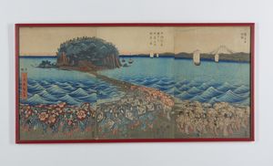 HIROSHIGE UTAGAWA (1979 - 1858) : Trittico della celebrazione di apertura del santuario di Benzaiten in Enoshima in Soshu.  - Asta Asta 437 | ARTE ORIENTALE - ARTE ORIENTALE DA COLLEZIONI PRIVATE ITALIANE Online - Associazione Nazionale - Case d'Asta italiane