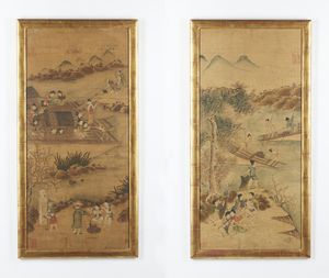 ARTE GIAPPONESE - Coppia di dipinti su carta raffiguranti scena di vita campestre.Periodo Meiji.