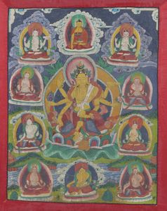Arte Himalayana - Tangka in tessuto raffigurante al centro la Dea Vasudhara seduta su un loto contornata da varie divinit simboleggianti aspetti della prosperit e della fortuna. Tibet/Nepal, sec. XIX XX.