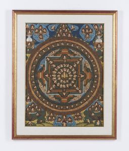 Arte Himalayana : Thangka in tessuto minuziosamente dipinto a formare un mandala centrale circondato da divinit su fondo azzurro.Tibet/Nepal, XX sec.  - Asta Asta 437 | ARTE ORIENTALE - ARTE ORIENTALE DA COLLEZIONI PRIVATE ITALIANE Online - Associazione Nazionale - Case d'Asta italiane