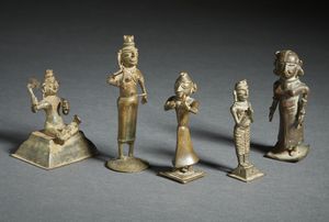 Arte Indiana - Gruppo di 5 figure di oranti in bronzo India popolare, XIX secolo