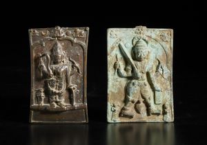 Arte Indiana - Due placche Virabhadra in lega di rame. India Meridionale, XIX secolo