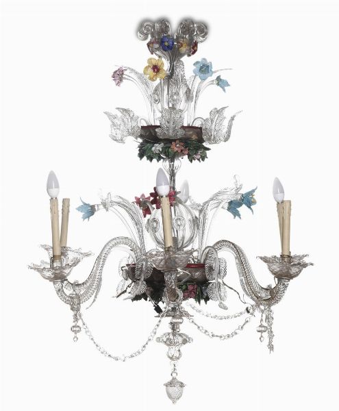 Lampadario in vetro di Murano a sei luci. XX secolo  - Asta Antiquariato - Associazione Nazionale - Case d'Asta italiane