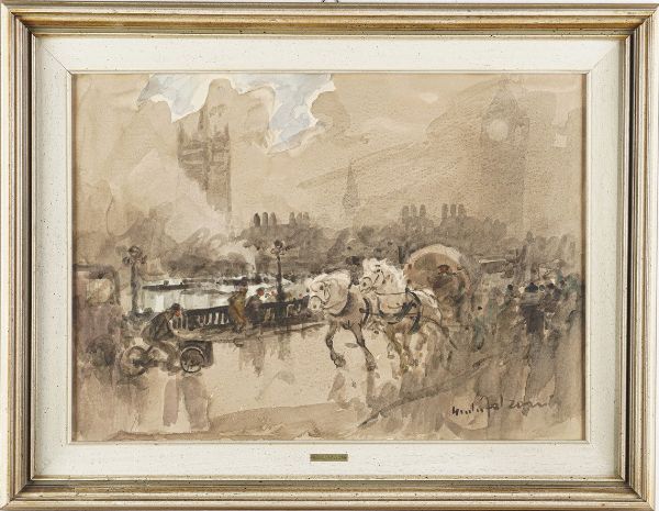Giulio Falzoni : Londra, sul ponte di Westminster  - Asta Pittura del XIX-XX secolo - Associazione Nazionale - Case d'Asta italiane