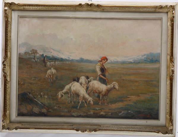 Pacifico Sidoli : Paesaggio rurale con figura e pecore  - Asta Pittura del XIX-XX secolo - Associazione Nazionale - Case d'Asta italiane