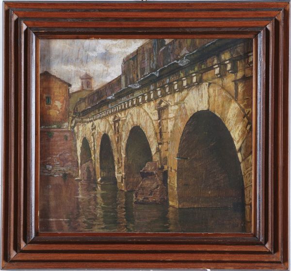 Tecnica mista su tavola, Ponte romano Rimini, anni'20-'30 Ponte romano a Rimini (?), anni'20-'30  - Asta Pittura del XIX-XX secolo - Associazione Nazionale - Case d'Asta italiane