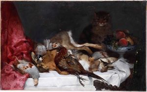 Paul Mathey : Natura morta con cacciagione e gatto  - Asta Pittura del XIX-XX secolo - Associazione Nazionale - Case d'Asta italiane