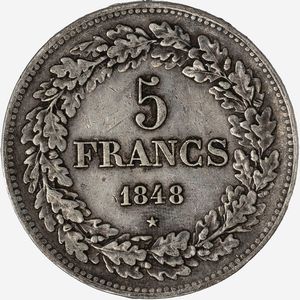 Belgio, LEOPOLD I, 1831-1865 : 5 Franchi  - Asta Numismatica - Associazione Nazionale - Case d'Asta italiane