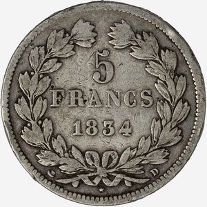 Francia, LUIGI FILIPPO I, 1830-1848 : 5 Franchi  - Asta Numismatica - Associazione Nazionale - Case d'Asta italiane